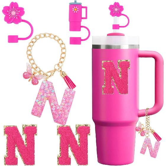 Cup Accessories Set for Stanley Cup 30oz 40oz tumbler with handle, Including Silicone Straw Topper Cover Cap, Handle Charm, Initials Sticker Fuchsia