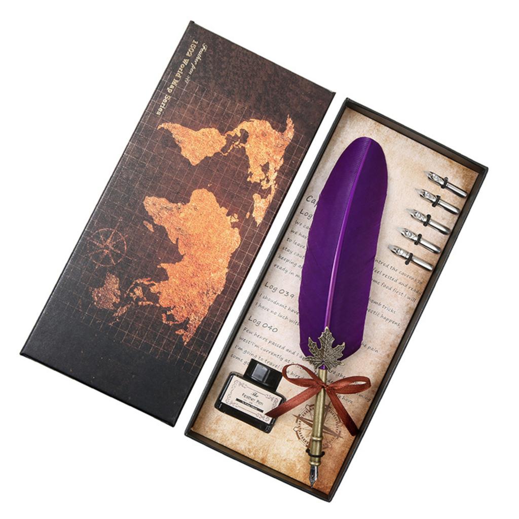 1 Set Retro Classic Texture Practical Calligraphy Feather Dip Pen Quill Foun-tain Writing Portable Birthday/Valentine's Day/Wedding Gifts 10ml