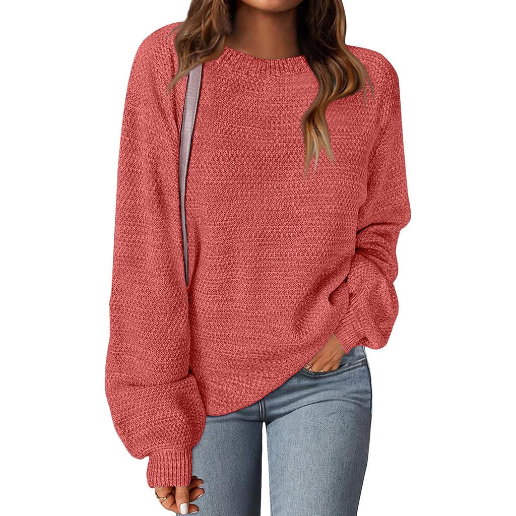 Women's Fashion Round Neck Pullover Sweater Casual Versatile Solid Color Knit Top