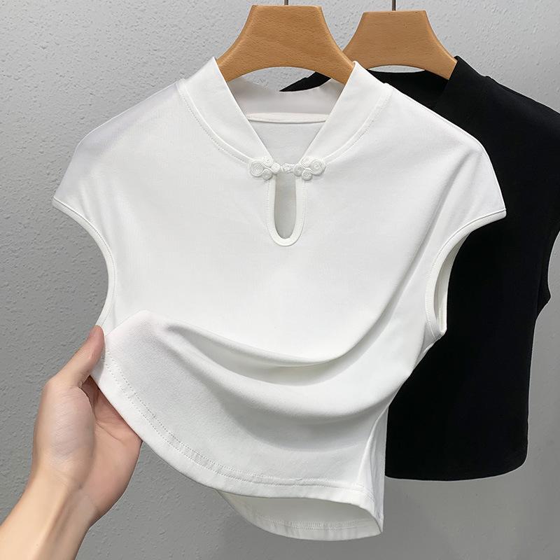 

Футболка с короткими рукавами в китайском стиле для женщин, новая женская футболка с воротником-стойкой и рукавами-крылышками, однотонная футболка с китайским жилетом 3XL белый