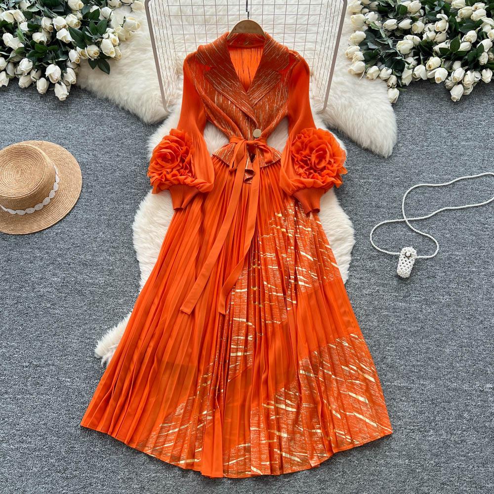European and American dresses for women's autumn straps, waist lapels, three-dimensional flowers, lantern sleeves, pleated long skirts