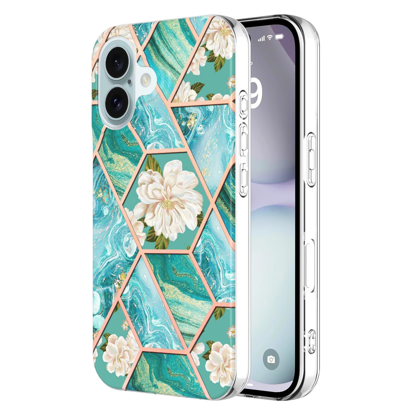 For iPhone 16 Plus Case with IMD Marble Flower Pattern TPU Mobile Back Cover C