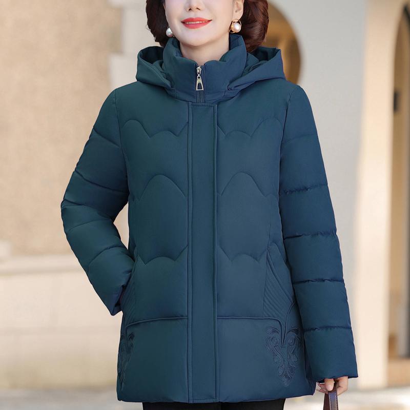 Plus Size XL-5XL Middle Age Woman Coats Winter Short Parkas Hooded Embroidery Casual Thick Warm Outerwears Women's Jackets