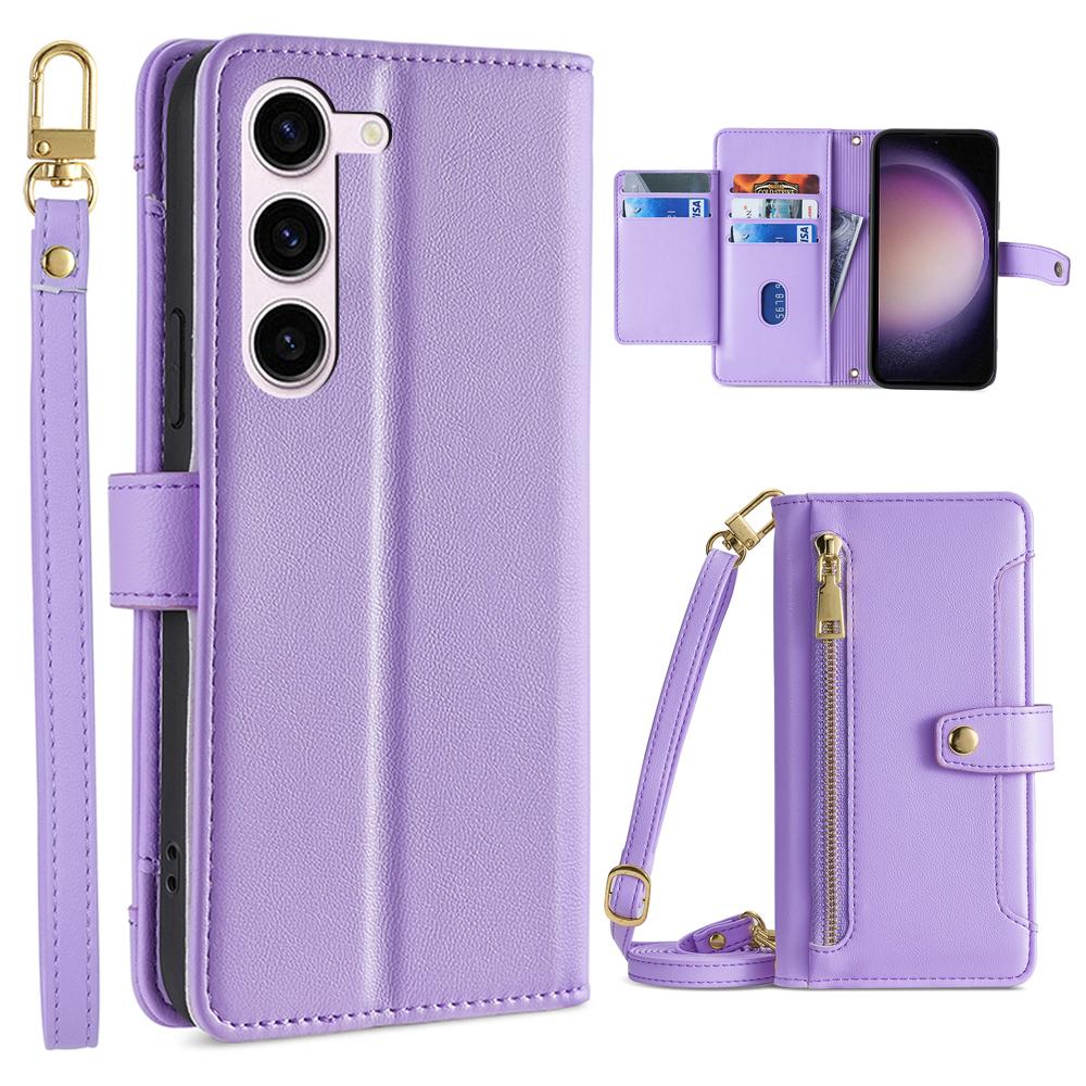 Zipper Pocket Phone Case for Samsung Galaxy S23 Card Slots Stand PU Leather Phone Cover with Straps
