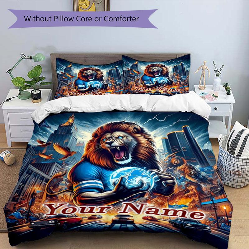 3PC Custom Name City Lion Dreams Bedding Set Printed Bedding Set Duvet Cover Closure Includes 1 Duvet Cover & 2 Pillowcases for All Seasons Bedroom