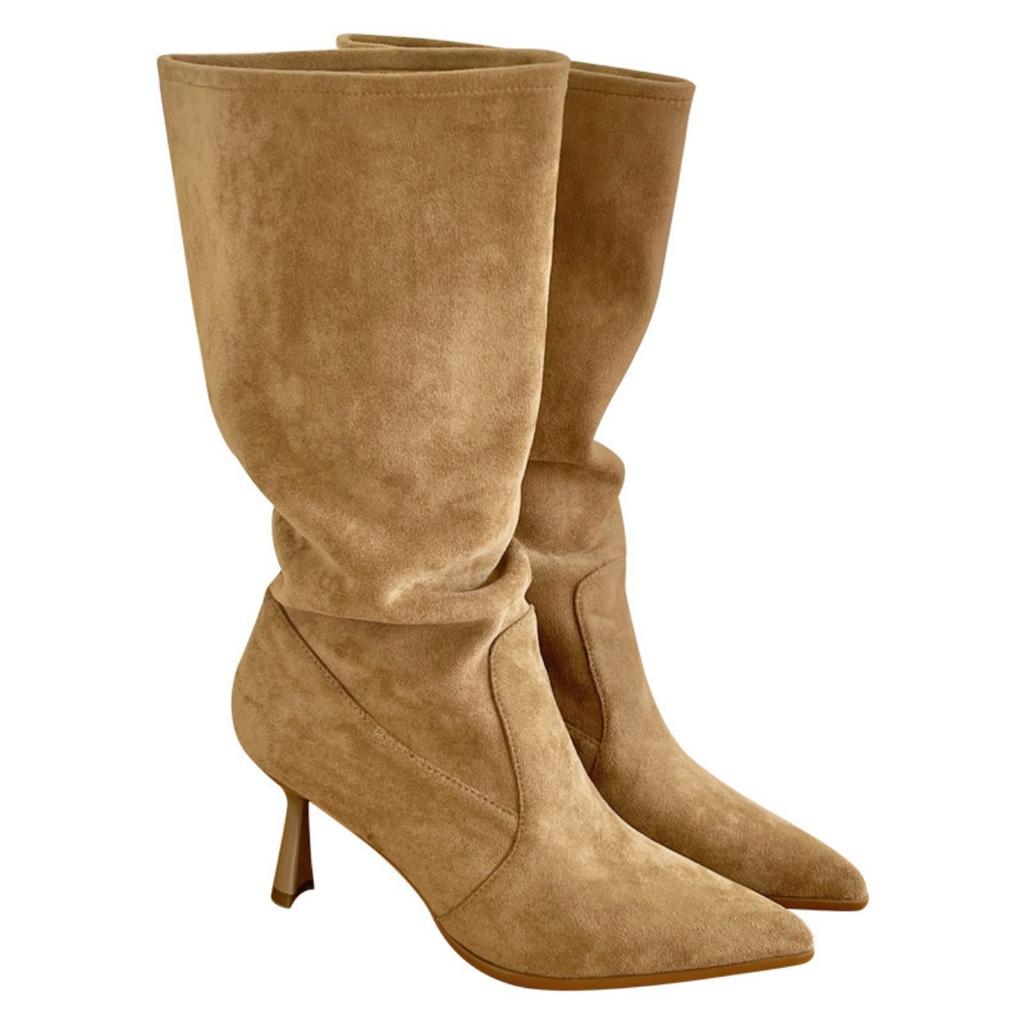 Všestranné boty s krátkým vlasem, tenký podpatek, vysoký podpatek, westernové kovbojské boty, krátké boty, dámské meruňkové úzké středně vysoké boty