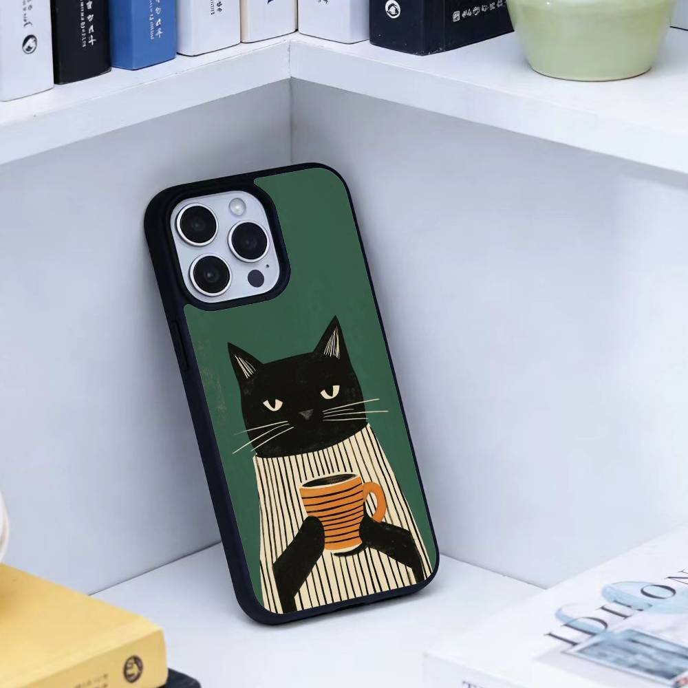 Striped Shirt Coffee Cat Phone Case For iPhone 14,16,15,13,17,12,Plus,Pro,Max Magnetic For Magsafe Frosted Cover