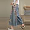 Women High Waist Wide Leg Denim Pants Women Vintage Style Patchwork Floral Print Loose Female Casual Jeans