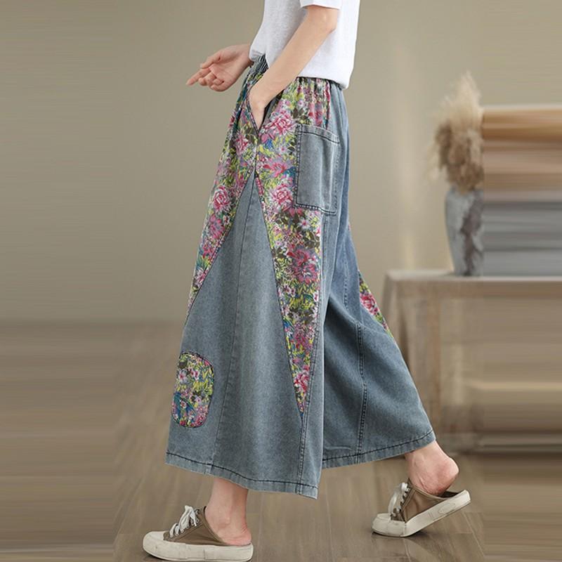 Femei talie înaltă pantaloni largi din denim pantaloni femei stil vintage patchwork floral imprimare blugi casual largi femei