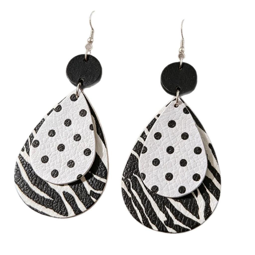 Polka Dot Double Layer Water Drop Leather Earrings - Black & White Geometric Accessories