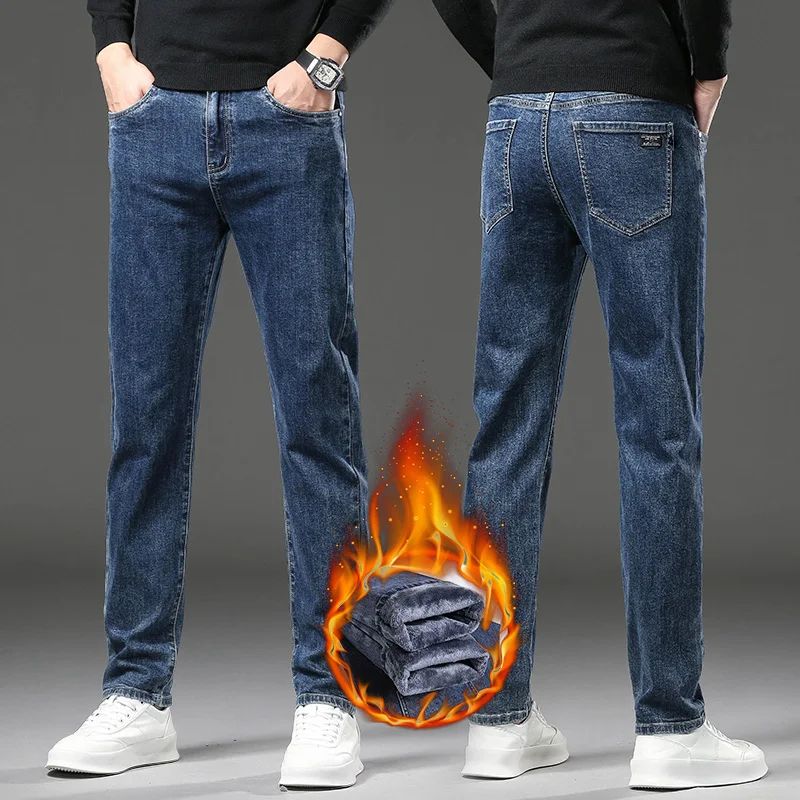 Men's Winter-Warm Denim Pants Thermal jeans Business Jeans Warm Padded Warm Straight Pants Plus Size Jeans