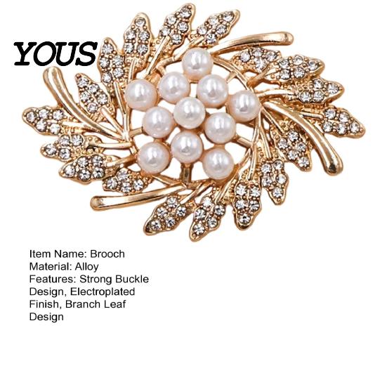 Metal Pin Flower Branch Brooch, Retro Leaf Design Lapel with Faux Decorative Brooch Accessory Pearls, Electroplating Anti-Oxidation Badge for