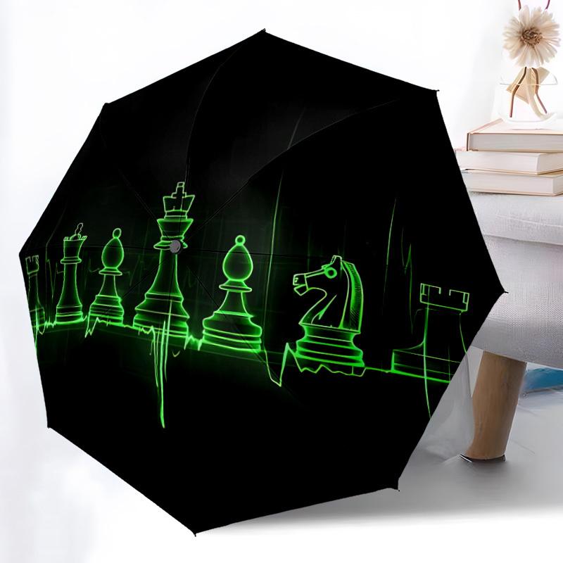 1pc Chess Heartbeat Automatic Folding Umbrella - Windproof Compact Travel Umbrella with Auto Open/Close, 8-Rib Heavy-Duty Shaft for Women/Men A008