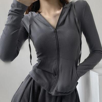 Streetwear Oversized trička na zip Dámské Vintage sexy Pevný svetřík s kapucí Teplákové soupravy s dlouhým rukávem oříznuté topy