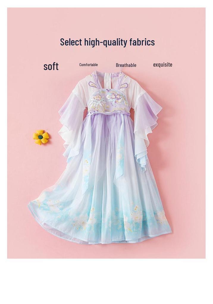 Girls' Long Sleeve Hanfu Performance Dress with Mesh Skirt - Summer Style