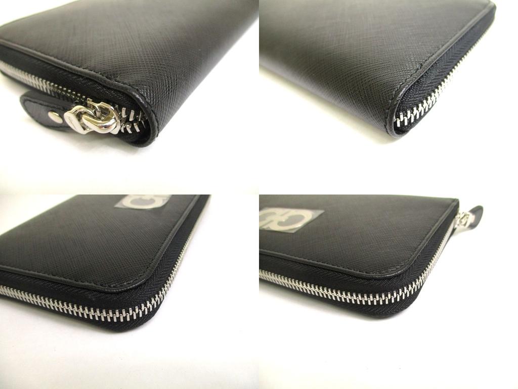 Authentische Salvatore Ferragamo Gancini Schwarzes Leder Silber H/W Rundreißverschluss Geldbörse #a683 Geöffnete Schachtel