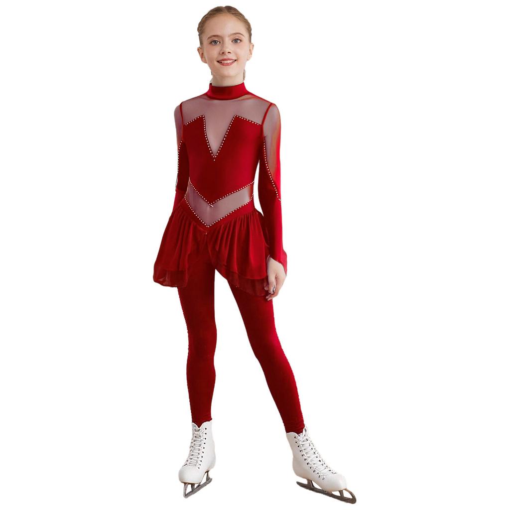 Girls Figure Skating Jumpsuit Mock Neck Long Sleeve Sheer Mesh Patchwork Shiny Rhinestones Bodysuit