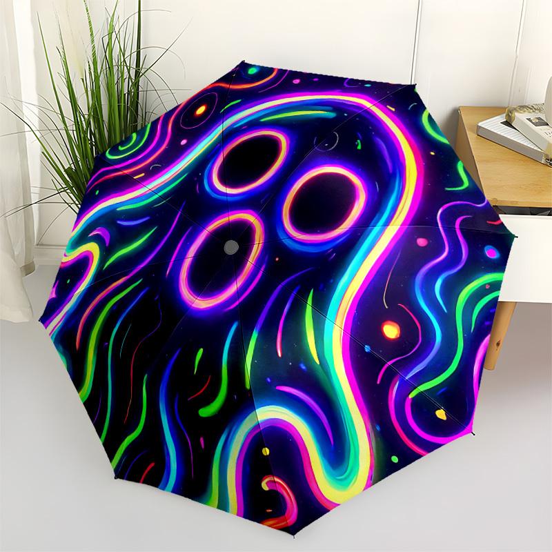 1pc Neon Ghost Automatic Folding Umbrella with 8-Rib Windproof Design, Portable Foldable Sunshade Umbrella For Halloween 017