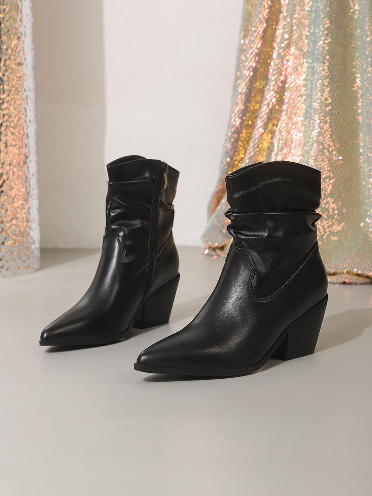 Winter New Women'S Wrinkled Stacked Boots With Pointed, Thick, High Heels, Casual And Comfortable Mid Top Boots Women