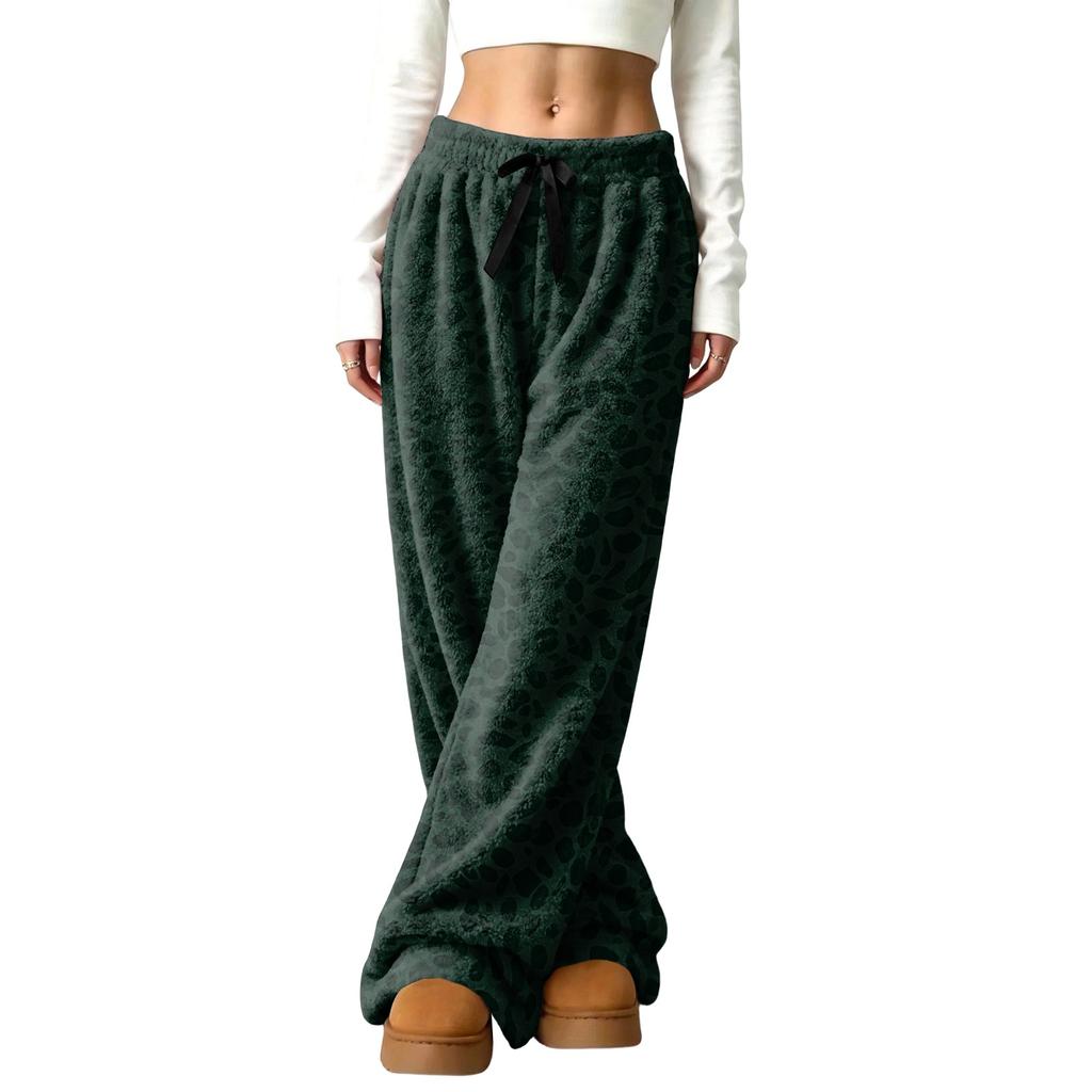Women's Casual Leopard Print Lined Wide Leg Pants with Elastic Waist, Loose Fit