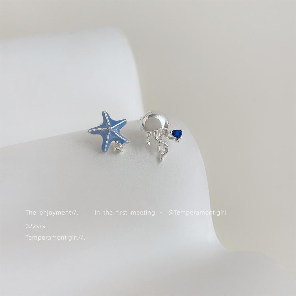 Designer~ Asymmetrical ins Sweet Cool Wind Starfish and Jellyfish Silver Stud Earrings Internet celebrity earrings