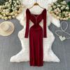 Autumn Spring Women Sexy Square Collar Luxury Beading Knitted Sweater Party Dress Long Midi Sheath Bodycon Sheath Dresses