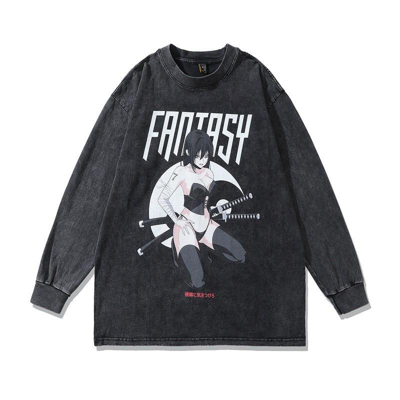 Vintage Washed Cotton Graphic Tee Men Loose Fit Round Neck Long Sleeve Anime Print Casual Top