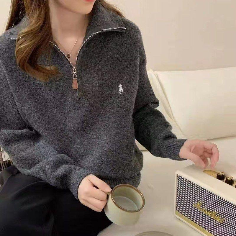 Korean Style Pony Embroidery Half-Zip Collar Women's Sweater - Loose Knit Top for Autumn & Winter