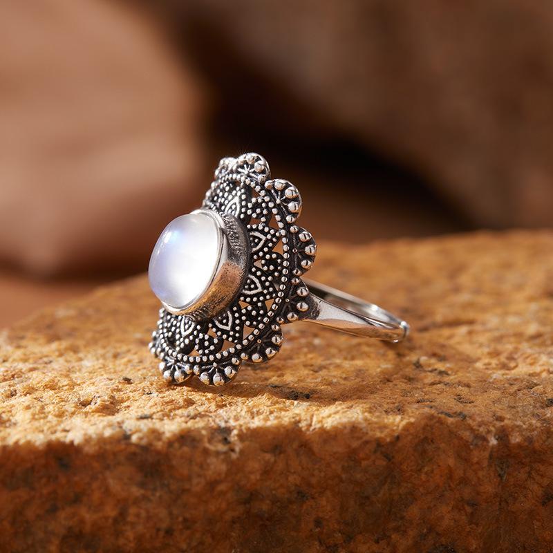 S925 Sterling Silver Retro Thai Silver Colored Treasure Ring Female Court Hollow Pattern Multi-Colored Natural Gemstone Index Finger Ring