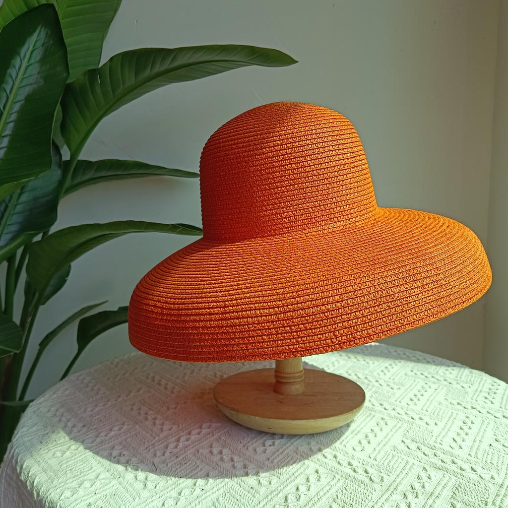 Sommer Hepburn Strohhut Retro Design Großer Rand Strohhut Für Damen Großer Rand Orange Neue Unifarbe Strandurlaub Großer Sonnenschutz