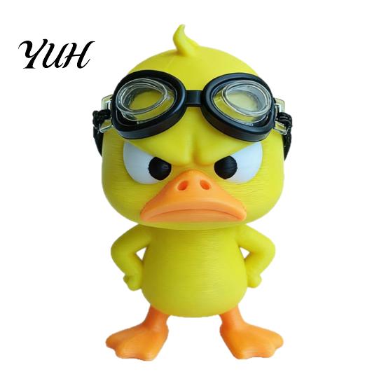 Fun Car Dashboard Decor 3D Printed Angry Yellow Duck Figurine with Detachable Swimming Goggles, Funny Accessories Statue, Desktop Ornament for