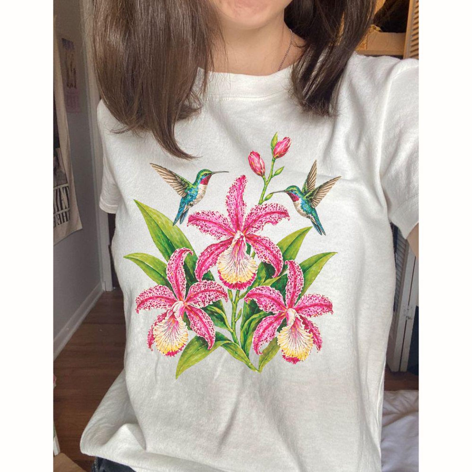 Hummingbird Orchid Shirt, Floral Tee| Bird Lover Gift | Nature Botanical Art Tee for Women M