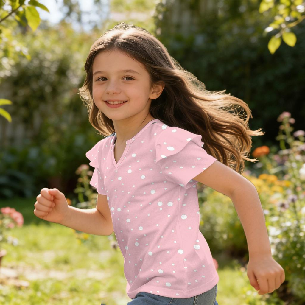Girls V Neck Ruffle Sleeve Polka Dot Print Short Sleeve T Shirt Casual Blouse Lightweight Summer Top for Kids