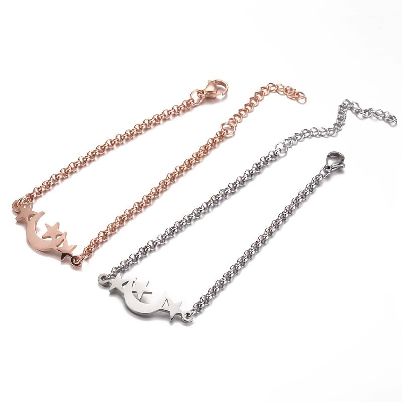 1pc Stainless Steel Women'S Fashion Chain Pendant Bracelet, Five-Pointed Star Moon Shaped Men'S Bracelet,