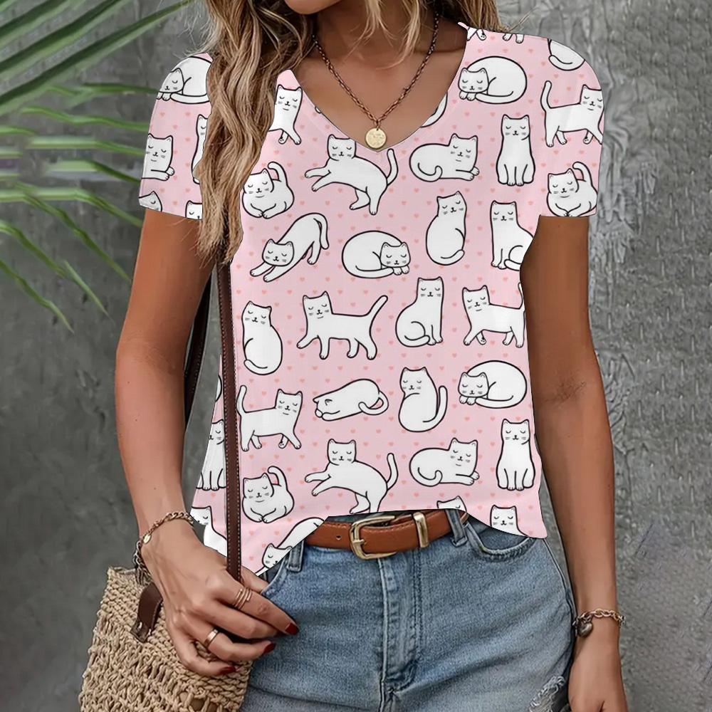 Women's T-shirt 3d Cat Print Short Sleeve Summer Fashion V-neck Top Loose Casual Half Sleeve Elegant Clothing Women's T-shirt