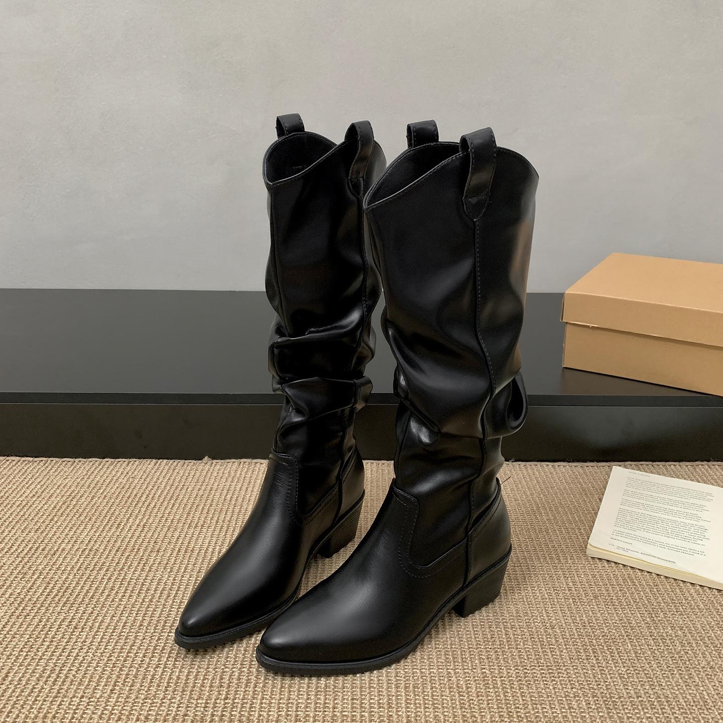 

Versatile black British style pointed thick heel boots women s boots 2025 new autumn height-increasing and thin knight boots 35 чёрный