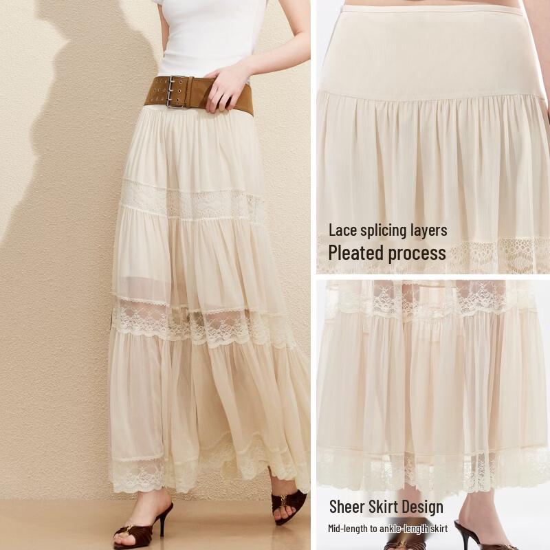 VEROMODA Chiffon Lace Pleated A-Line Skirt