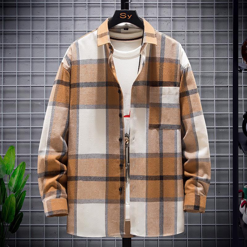 Plaid Shirt Men's Long Sleeve Hong Kong Style Loose Teen Fashion Shirt