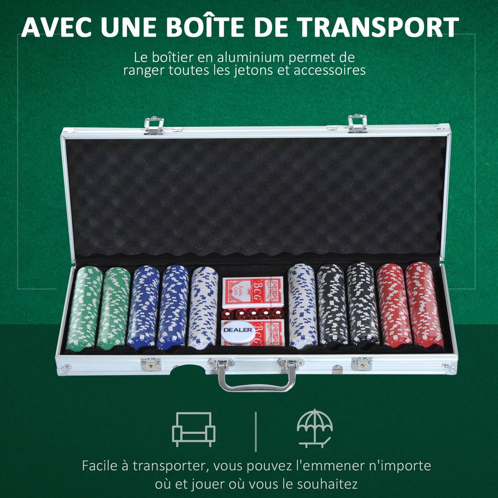Poker Set, Complete Poker Case, 500 Chips, 2 Decks, 5 Dice, Dealer Button, Aluminum