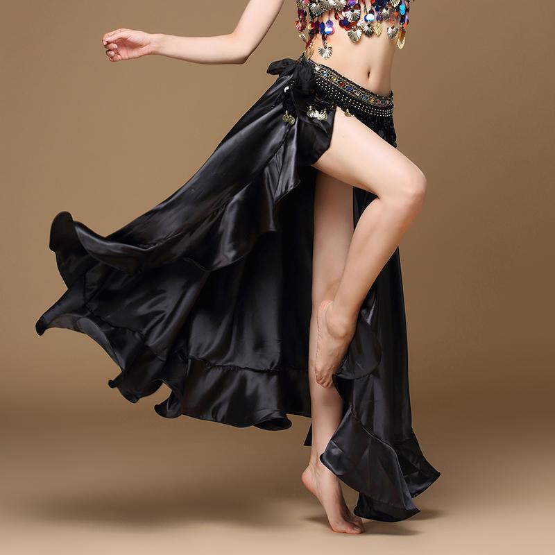 Belly Dancing Side Pulling Long Satin Skirt Lady Belly Dance Skirts Women Sexy Oriental Belly Dance Skirt Professional Dance Performance
