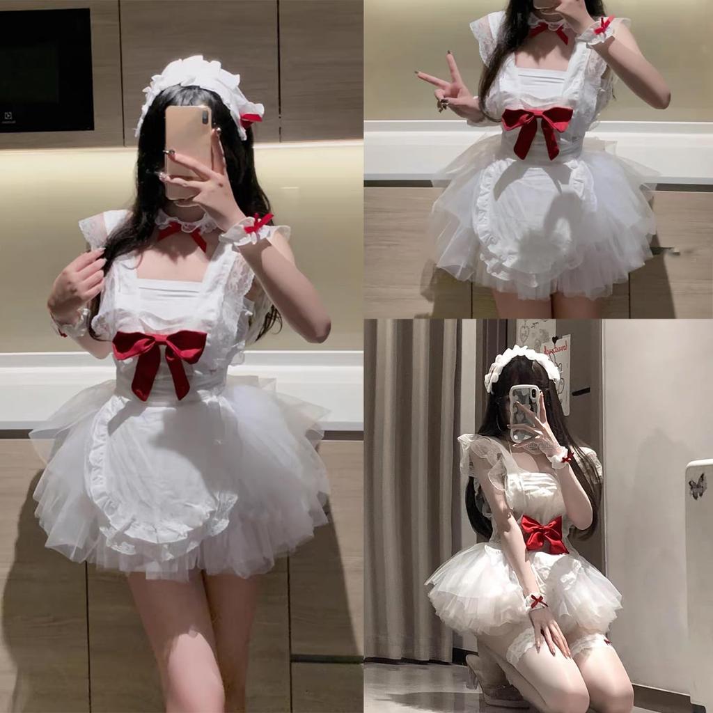 AOTYP Maid Costume Includes Lace Cute Lolita Mini and Short Perfect for or Maid Alice Size 10-Piece Set, Apron, Headband, Skirt, Pants. Anime, Idol,