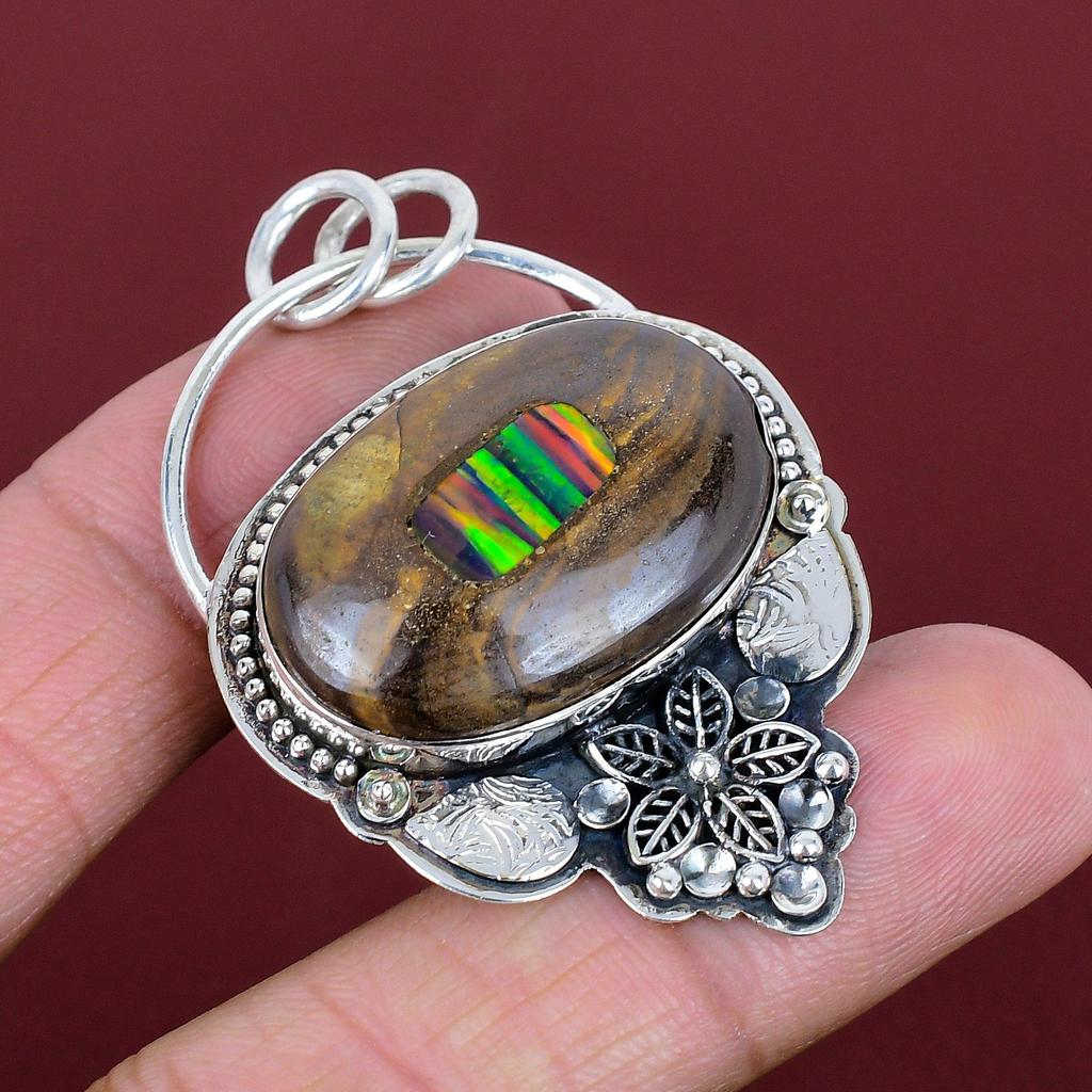 Ethopian opal in boulder opal pendant flower pendant awesome gemstone jewelry 925 sterling silver pendant handmade jewelry anniversary gifts