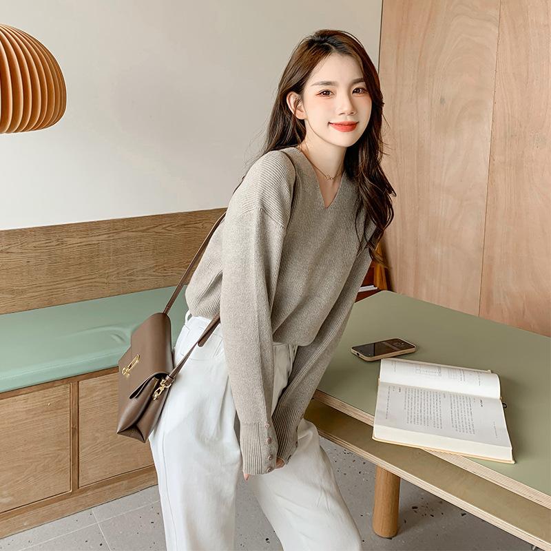 Svetr s výstřihem do V jednobarevný pro ženy s dlouhým rukávem s volnou pleteninou uvnitř pulovr ležérní tenký podzimní a zimní svetr