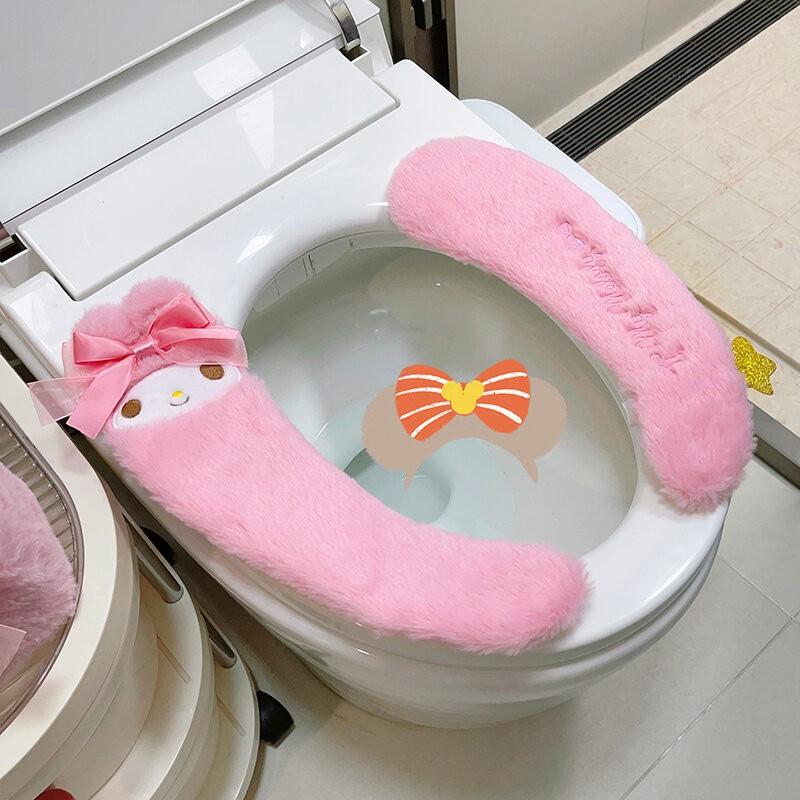 Cute My Melody Plush Toilet Seat Cover Adhesive Style Home Bathroom Winter Fall Use
