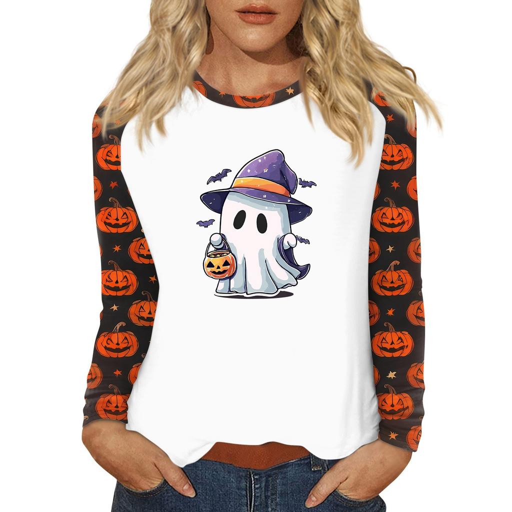 Women's T Shirt Halloween Print Long Sleeve Daily Fashion Basic Round Neck Raglan Sleeve Top