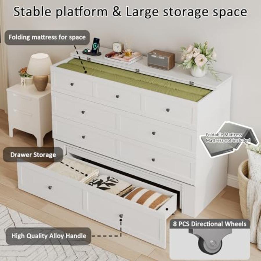 Full Size Murphy Bed with Charging Station and Drawer, Full Size Mobile Cabinet Bed Frame, Murphy Chest Bed for Bedroom, Guest