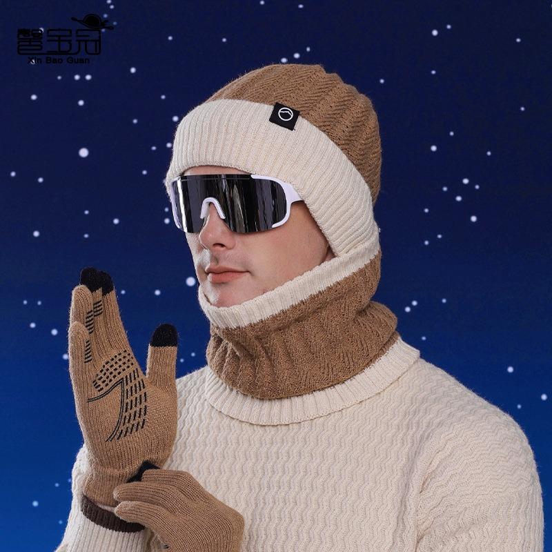 Winter Hat Gloves Scarf Set Men's Knitted Pullover Hat Fleece Warm Ear Protector Wool Hat