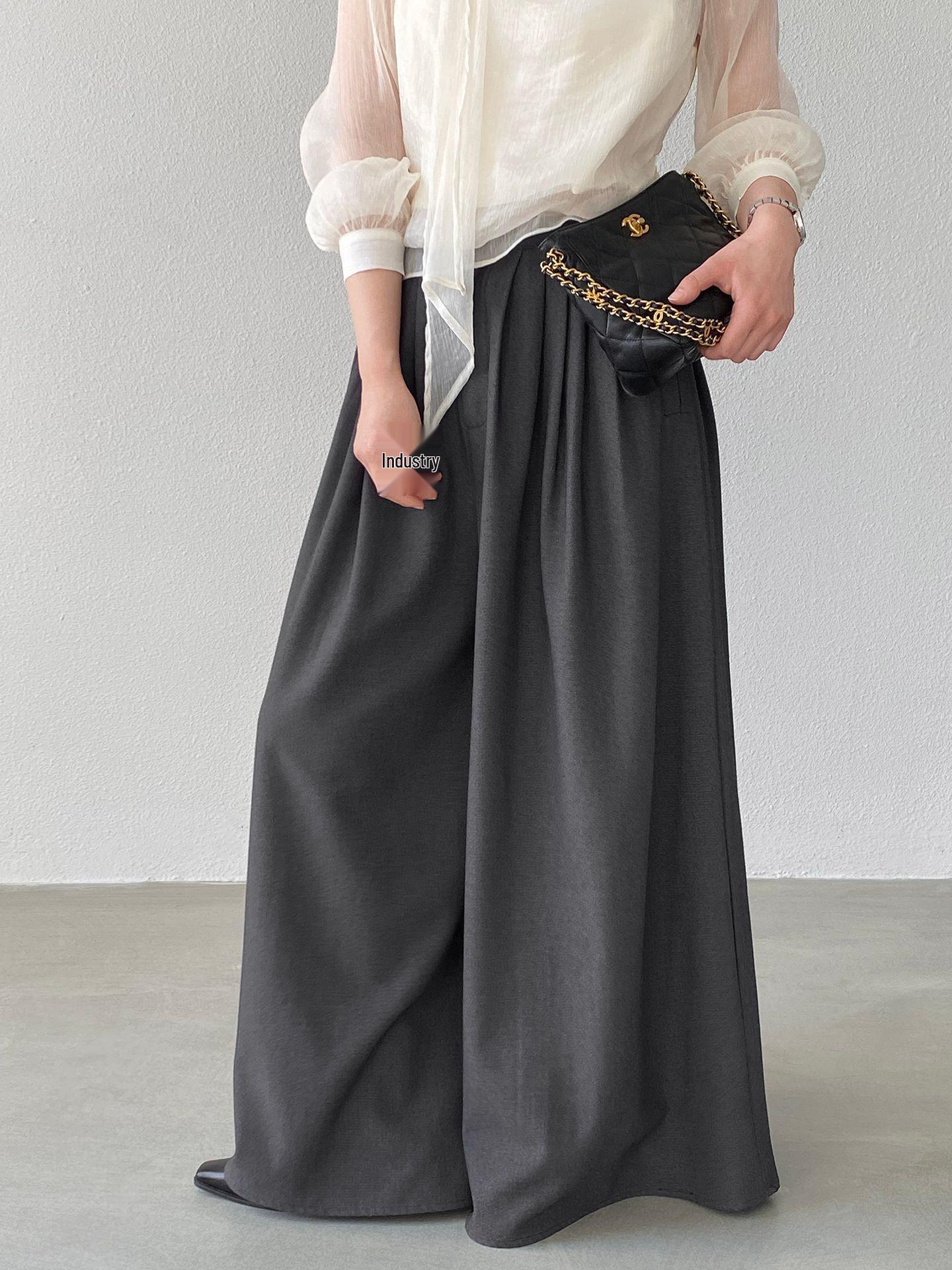 Jiang Zuo High-Waisted Pleated Wide-Leg Trousers - Spring Casual Floor-Length Style Small