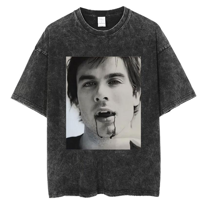 Damon Salvatore Grafica Vintage Lavata Maglietta Uomo Donna Abbigliamento Moda Harajuku T-Shirt Larga Oversize Manica Corta Magliette