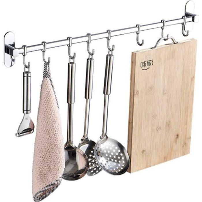 Cuisine Support de Rangement pour Ustensiles Spatule Casserole avec Crochet Mural Imperméable sans Perçage,40cm,6 Crochets